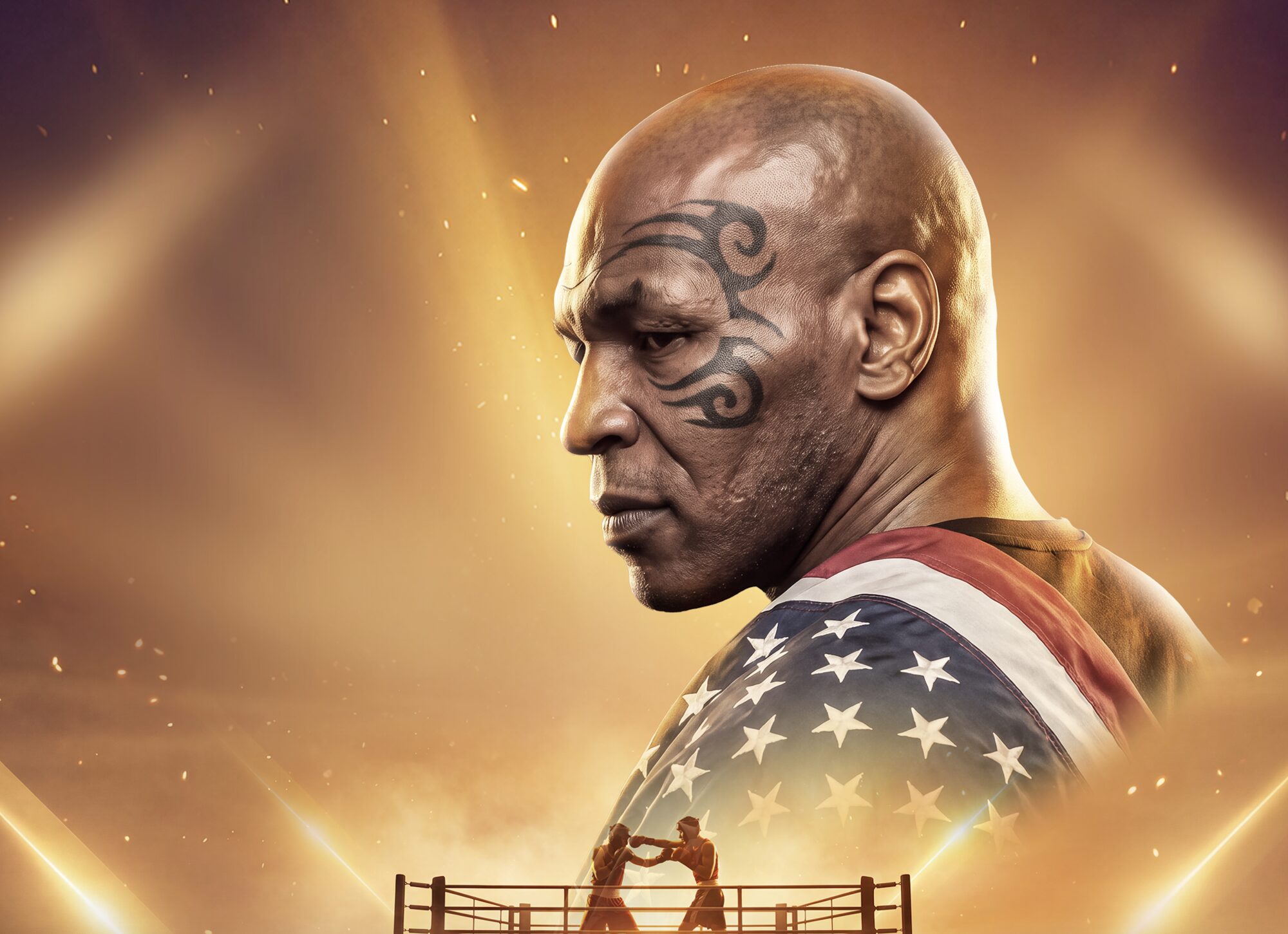 Mike Tyson in profile wearing a USA flag robe, lit in gold above a boxing ring